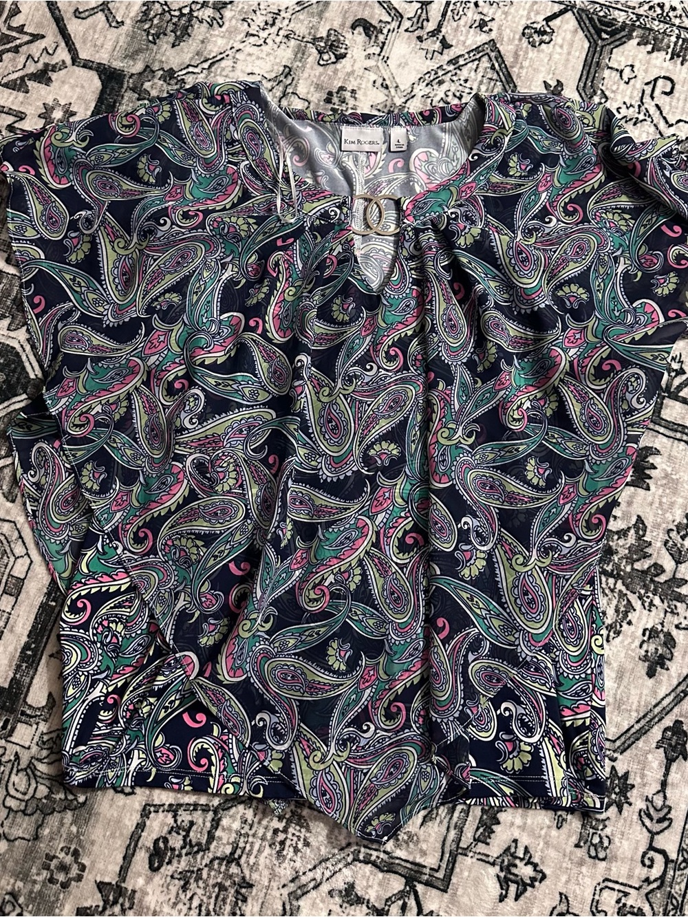 Kim Rogers Navy Paisley Blouse with Pink & Teal Accents